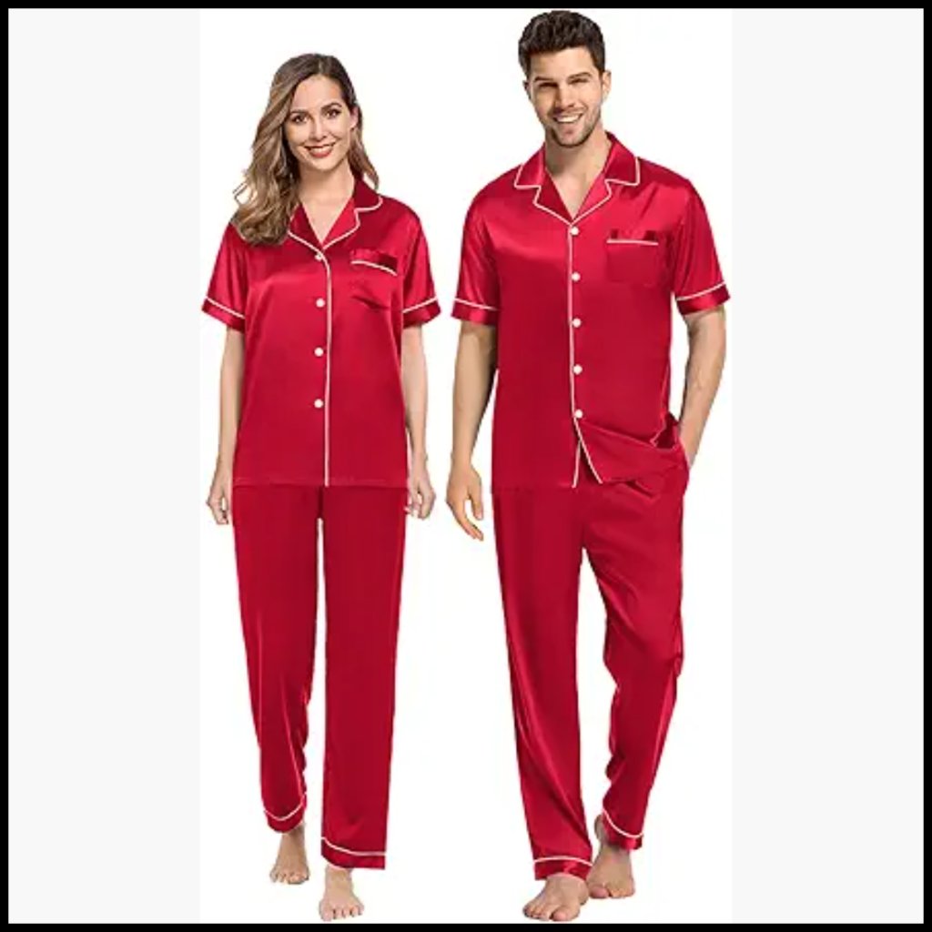 Silky Satin Couples Pajama Set Short Sleeve Button Down Loungewear